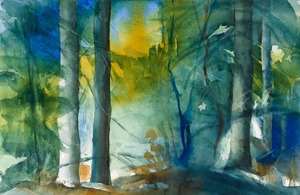 Watercolor painting of a forest scene, showcasing deep blues and greens.