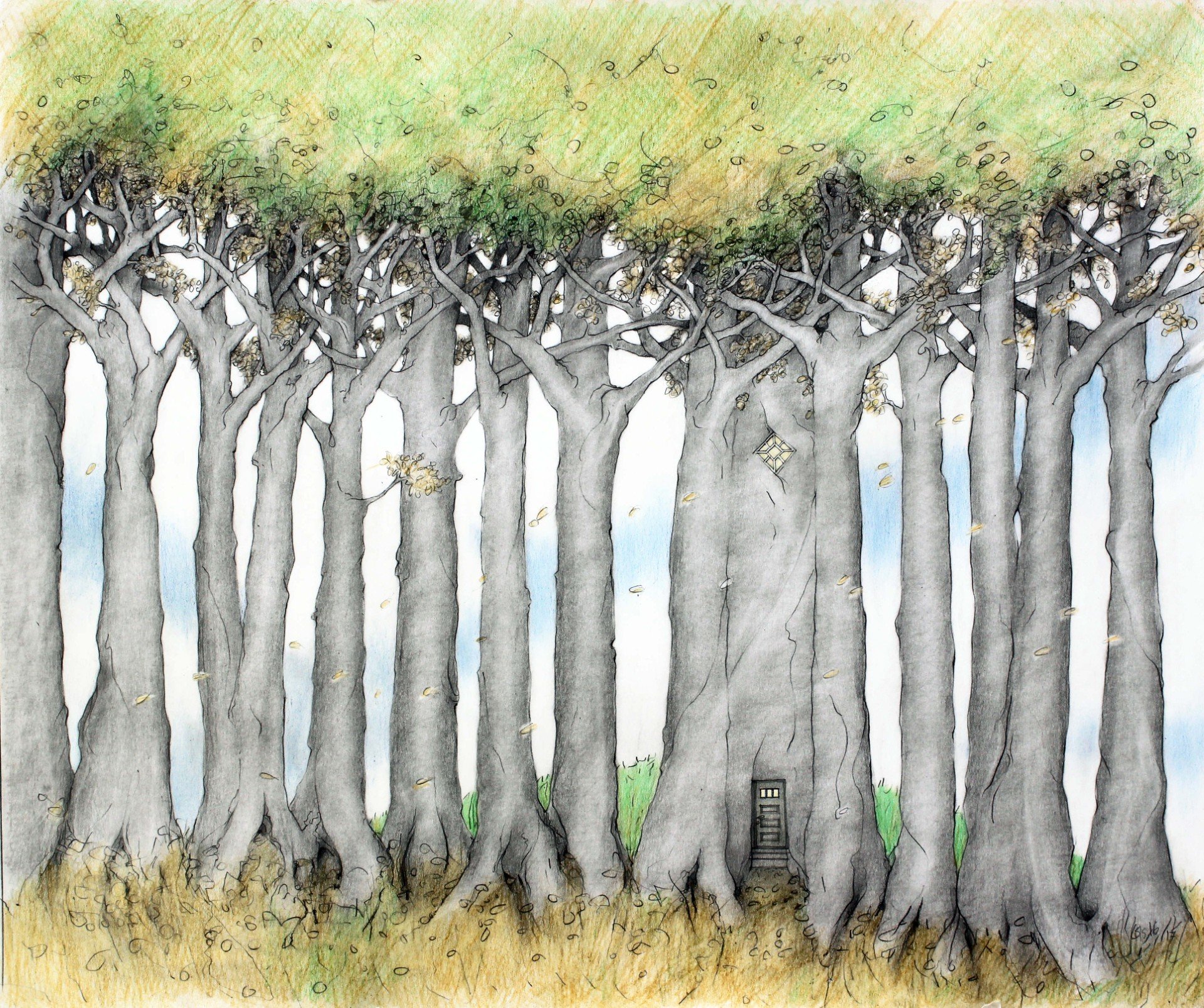 Tegning av en magisk skog med et trehus gjemt mellom høye trær, omgitt av gule blader og lys.